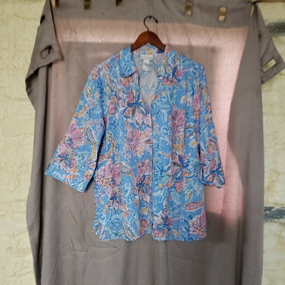 Alfred Dunner Button Up Shirt Womens Plus 2X Multicolor Floral 3/4 Sleeve Top